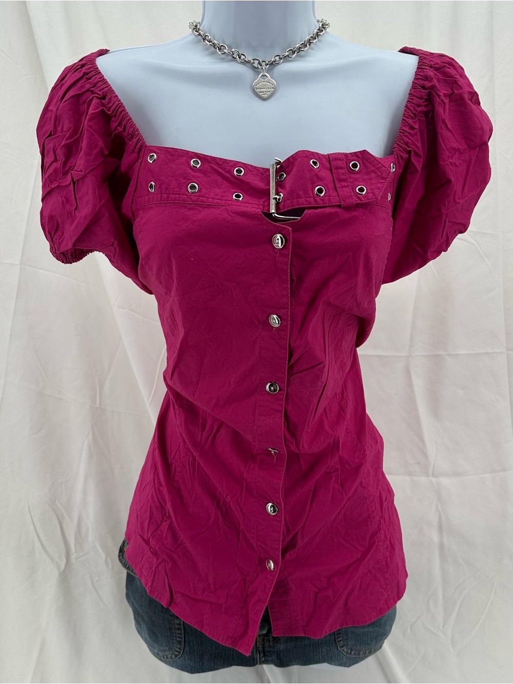 Plus size Y2K Magenta Buckle Style Puff Sleeve Blouse